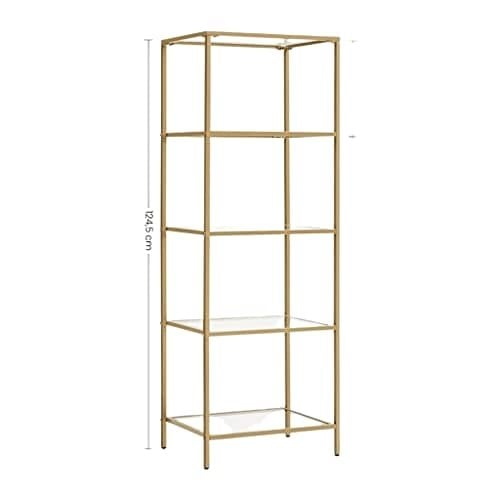 Vasagle Shelf Unit, 5-lags stigehyldeenhed, slank glashylde til soveværelse, badeværelse, hjemmekontor, tempereret glas, stålramme, guldfarve LGT029A01