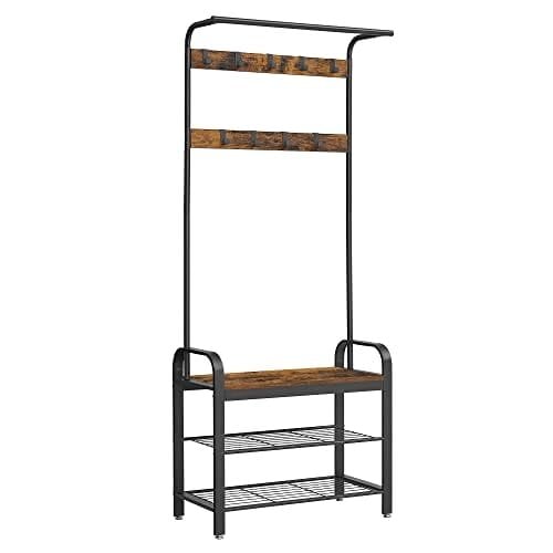 Vasagle Coat Rack, frakke står med skoopbevaringsbænk, 4-i-1 design, med 9 aftagelige kroge, en tøjskinne, til gangen, indgang, 33,7 x 77 x 183 cm, industriel, rustik brun og sort HSR40B