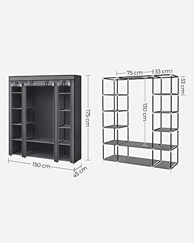 Songmics Portable Garderobe, Foldbart Closet, Tøjopbevaringsarrangør med hængende jernbane, hylder, stofafdækning, til soveværelse, cloakroom, 150 x 45 x 175 cm, grå LSF03G