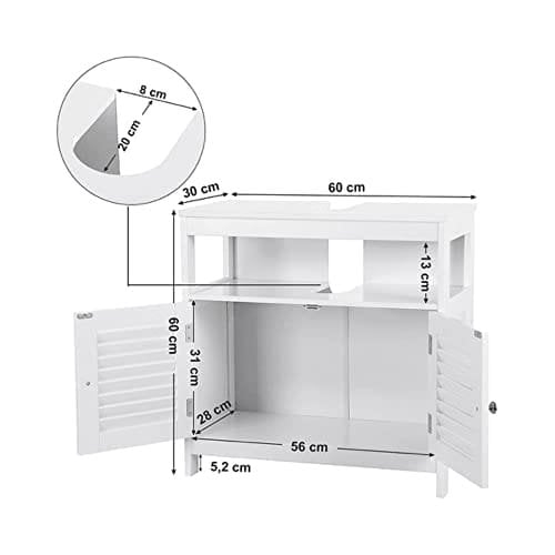 Vasagle Vanity Unit uden vask Masser af opbevaringsopbevarings badeværelse skab med lameller 2 hvide, MDF -paneler, med åbent rum, 60 x 30 x 60 cm