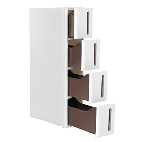 Songmics plastopbevaringsskuffer, smal opbevaringsvogn på hjul, 4-skuffe opbevaringsenhedstårn til badeværelse køkken, rumbesparende, 45 x 17 x 83 cm, hvid og brun KFR08WT