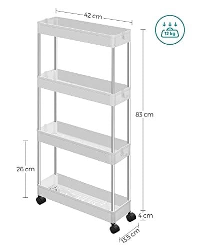Songmics 4-lags opbevaringsvogn på hjul, plastopbevaringsenhed, pladsbesparende hylder arrangør til små rum, badeværelse køkken, 42 x 13,5 x 87 cm, hvid KSC08WT