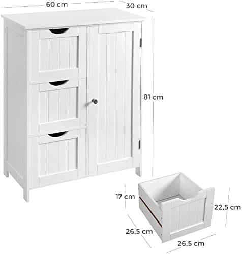 Vasagle badeværelse opbevaringsskab, gulvskab med 3 store skuffer og 1 justerbar hylde, 60 x 30 x 81 cm, hvid BBC49WT