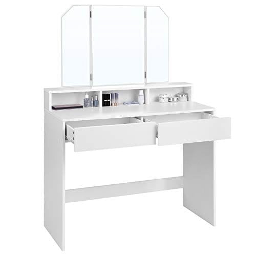 Vasagle-omklædningsbord med tri-fold spejl, makeup-bord med 2 skuffer og 3 åbne rum, forfængelighedsbord, moderne stil, hvid RDT115W01