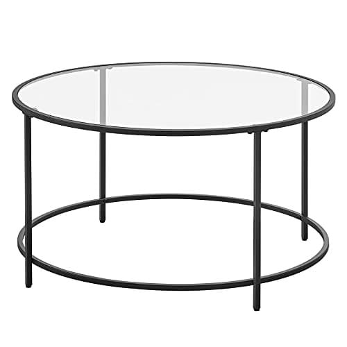 Vasagle rundt sofabord, glasbord med stålramme, stuebord, sofabord, tempereret glas, sort LGT021B01