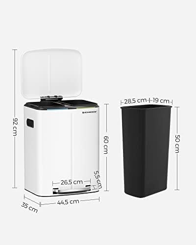Songmics Double Rubbish Bin, 2 X 20 L Kitchen Bin, Dual Compment Metal Step Bin, med plastiske indre spande, blød-tæt låg og håndtag, lugtforsegling, hvid LTB40WT