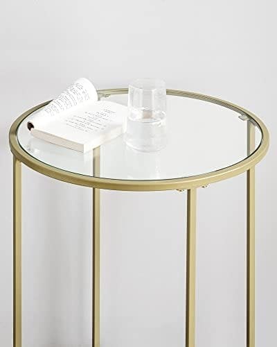 Vasagle rundt på sidebordet, tempereret glasende bord med gylden metalramme, lille sofabord, natbord, stue, balkon, robust og stabil, dekorativ, guld LGT20g