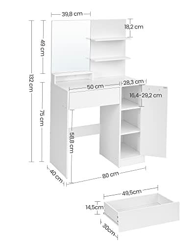 Vasagle -omklædningsbord, makeup -bord, forfængelighedsbord med spejl, 1 skuffe, 2 hylder, opbevaringsskab, makeup -arrangør, hvid RDT119W01