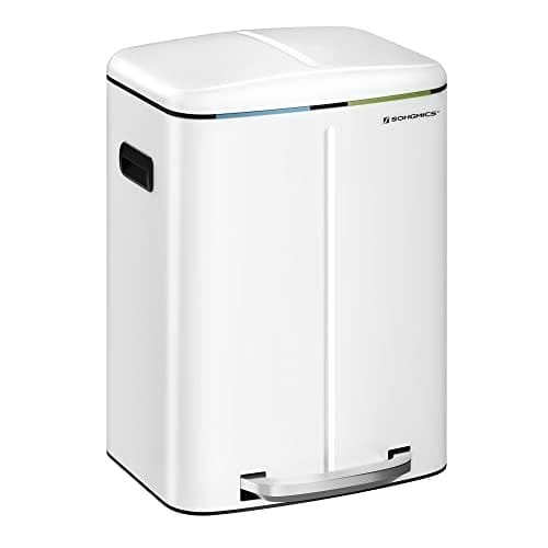 Songmics Double Rubbish Bin, 2 X 20 L Kitchen Bin, Dual Compment Metal Step Bin, med plastiske indre spande, blød-tæt låg og håndtag, lugtforsegling, hvid LTB40WT