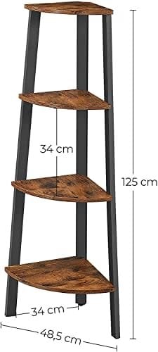 Vasagle Corner Shelf, 4-lags industriel opbevaringsstativ, stigen om skov, arrangørenhed til hjemmet, stue, soveværelse, balkon, rustik brun og sort LLS34X