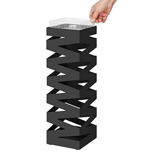 Songmics Metal Paraply Stand, Square Paraply Holder Rack, med kroge og drypbakke, 15,5 x 15,5 x 49 cm, sort luc16b