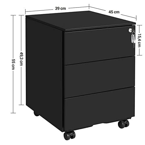 Songmics Mobile File Cabinet, Lockable, med 3 skuffer, holder dokumenter, papirvarer, forudmonteret, til kontor, hjemmekontor, 39 x 45 x 55 cm (L X W X H), Matte sort OFC63BK