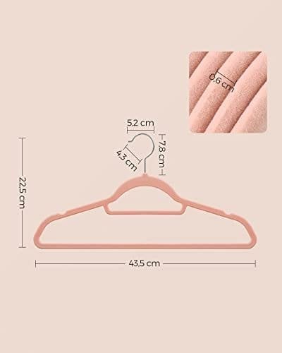 Songmics Samettiripustimet, 50 kpl, 0,6 cm paksuus, tilaa säästävä, 360° kääntyvät koukut, vaaleanpunainen