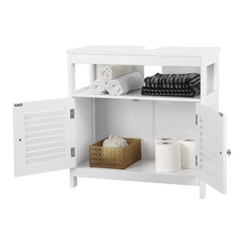 Vasagle Vanity Unit uden vask Masser af opbevaringsopbevarings badeværelse skab med lameller 2 hvide, MDF -paneler, med åbent rum, 60 x 30 x 60 cm
