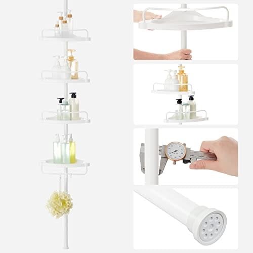 Songmics Justerbar badeværelse hjørnehylde, teleskopisk brusebad caddy, 85-305 cm, gulv til loft, med 4 bakker, 3 kroge, hvid BCB001A