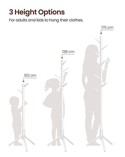 Vasagle Standing Coat Rack, Solid Wood Coat Rack, træformet frakkeholder med 8 kroge, 3 højdeindstillinger, til tøj, hatte, tasker, til stue, soveværelse, hjemmekontor, hvid RCR04WT
