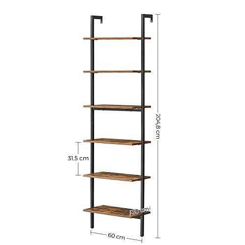 Vasagle Ladder hylde, 6-lags boghylde, væghylde til stue, kontor, køkken, soveværelse, 60 x 30 x 204,8 cm, industriel, rustik brun og sort LLS103B01