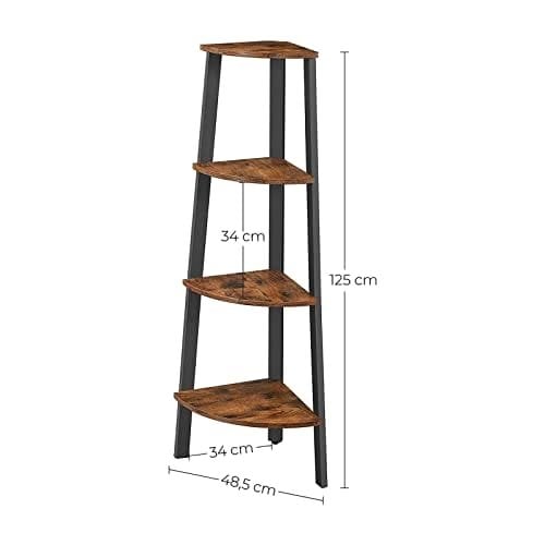Vasagle Corner Shelf, 4-lags industriel opbevaringsstativ, stigen om skov, arrangørenhed til hjemmet, stue, soveværelse, balkon, rustik brun og sort LLS34X