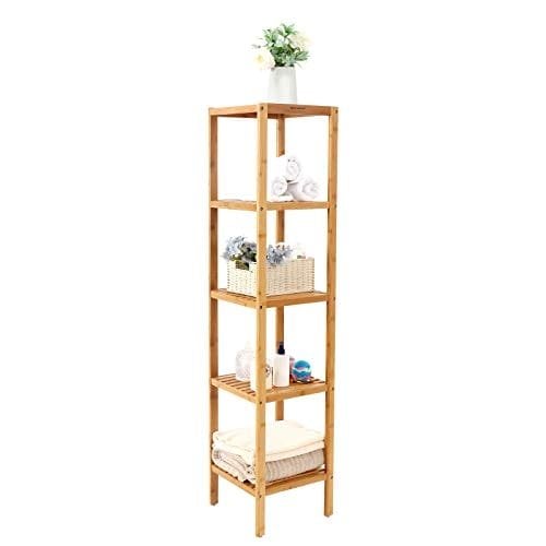 Songmics 5-lags bambus badeværelseshylde, stående køkkenstativ, 33 x 33 x 146 cm (l x w x h), til smalle rum, stue, soveværelse, hallway bcb55y