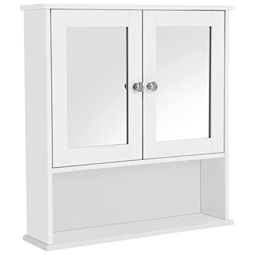 Vasagle dobbelt spejldøre badeværelse skab, vægskab, opbevaringsskab, vægmonteret opbevaringsenhed, justerbare højdehylder, 56 x 13 x 58 cm, hvid LHC002