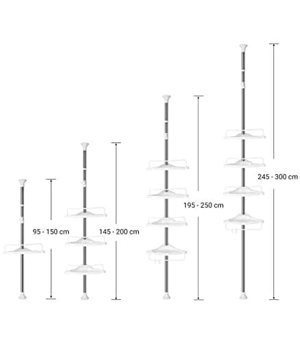 Songmics Justerbar badeværelse hjørnehylde, teleskopisk brusebad caddy, 95-300 cm, gulv til loft, med ramme i rustfrit stål, 4 bakker, 3 kroge, 1 håndklædestang, hvid og sølv BCB02SW