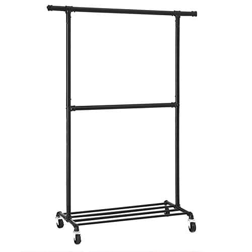 Songmics Industrial Clothes Rack on Wheels, maksimal belastning på 110 kg, dobbelt tøj hængende stang, kraftig kommerciel skærm, sort HSR62BK