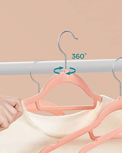 Songmics Samettiripustimet, 50 kpl, 0,6 cm paksuus, tilaa säästävä, 360° kääntyvät koukut, vaaleanpunainen