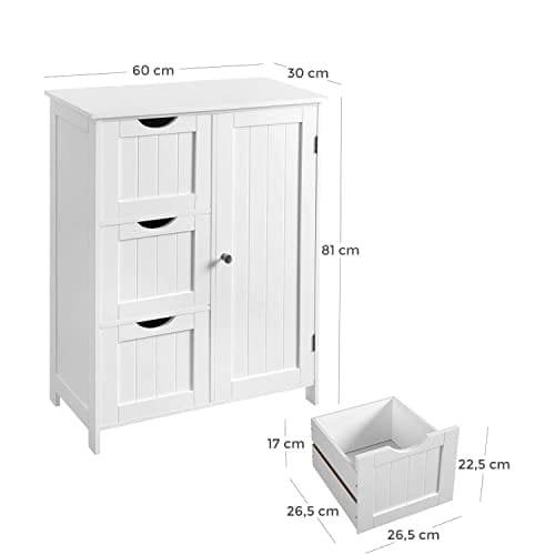 Vasagle badeværelse opbevaringsskab, gulvskab med 3 store skuffer og 1 justerbar hylde, 60 x 30 x 81 cm, hvid BBC49WT