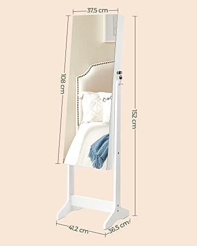 Songmics Jewelry Cabinet Armoire, fritstående låsbar opbevaringsarrangørenhed med 2 plastkosmetisk opbevaring, rammeløst spejl i fuld længde, til halskædeørering, hvid ujjc002w01