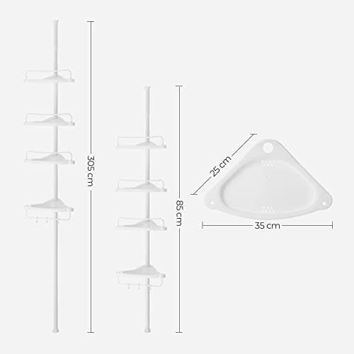 Songmics Justerbar badeværelse hjørnehylde, teleskopisk brusebad caddy, 85-305 cm, gulv til loft, med 4 bakker, 3 kroge, hvid BCB001A