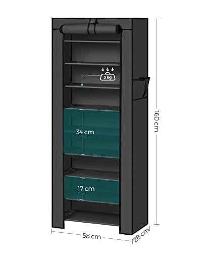 Songmics 10-lags stofstativ, skoarrangør, stor kapacitet, let samling, støvtæt, 58 x 28 x 160 cm, sort rxj10h