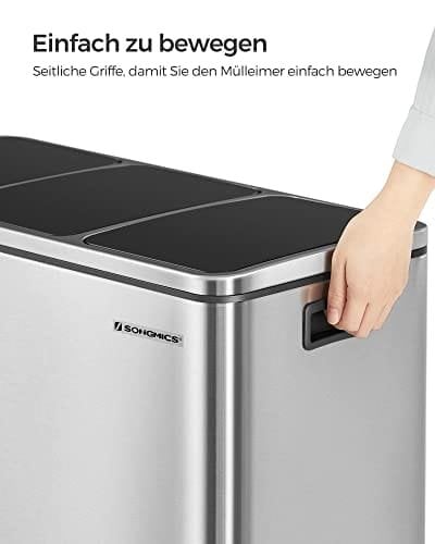 Songmics Recycling Bin, 3 X 18 L Triple Kitchen Bin, 3 Rum Pedal Bin With Soft-Close Låg, Plast