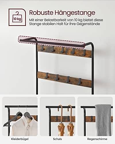 Vasagle Coat Rack, frakke står med skoopbevaringsbænk, 4-i-1 design, med 9 aftagelige kroge, en tøjskinne, til gangen, indgang, 33,7 x 84 x 183 cm, industriel, rustik brun og sort HSR400B01