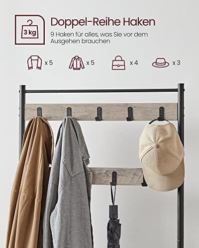 Vasagle Coat Rack, frakke står med skoopbevaringsbænk, halltræ med skostativ, 3-i-1 design, stålramme, til gangen, indgang, 32 x 70 x 175 cm, industriel, greige og sort HSR41MB