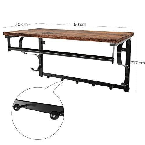 Vasagle industriel frakke rack hylde vægmonteret, krog rack hylde med 5 kroge og hængende jernbane til indgang, hallway, badeværelse, stue, rustik brun, sort LCR11BX