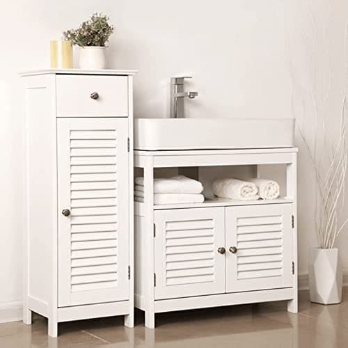 Vasagle Vanity Unit uden vask Masser af opbevaringsopbevarings badeværelse skab med lameller 2 hvide, MDF -paneler, med åbent rum, 60 x 30 x 60 cm