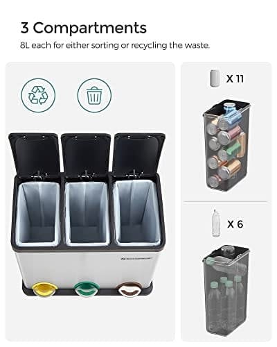 Songmics Recycling Bin, 3-in-1 Pedal Bin, 24-Liter Metal Rubbish Bin, Waste Separation System skraldespand til køkken, let at rengøre, stål, sølv LTB24L