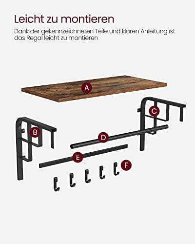 Vasagle Seinään kiinnitettävä naulakko, takkikoukku 5 koukulla, rustiikinruskea ja musta