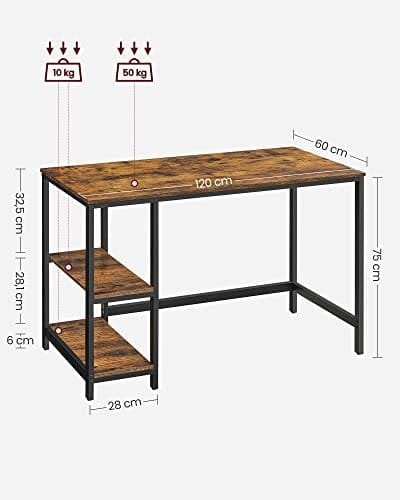 Vasagle Computer Desk, Writing Desk med 2 hylder på venstre eller højre, arbejdsbord til kontorstue, stålramme, industriel, rustik brun og sort LWD47X