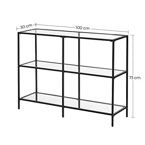Vasagle -konsolbord, sofabord med 3 hylder, tempereret glashylde, 30 x 100 x 73 cm, stålramme, moderne, til hallway stue soveværelse, sort LGT027B01