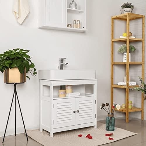 Vasagle Vanity Unit uden vask Masser af opbevaringsopbevarings badeværelse skab med lameller 2 hvide, MDF -paneler, med åbent rum, 60 x 30 x 60 cm