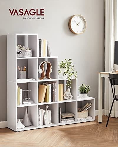 Vasagle bogreol, trappearrangør, 10 åbne terninger, træskærmhylde, fritstående hylde, 129,5 x 29 x 129,5 cm, rumdelere, hvid LBC10WTV1