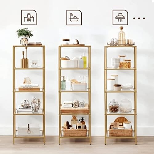 Vasagle Shelf Unit, 5-lags stigehyldeenhed, slank glashylde til soveværelse, badeværelse, hjemmekontor, tempereret glas, stålramme, guldfarve LGT029A01