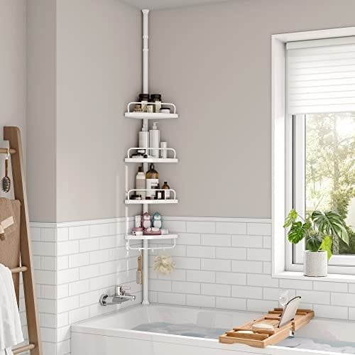 Songmics Justerbar badeværelse hjørnehylde, teleskopisk brusebad caddy, 85-305 cm, gulv til loft, med 4 bakker, 3 kroge, hvid BCB001A