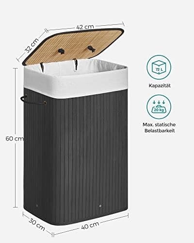 Songmics bambusvaskeri, 72L sammenfoldelig vaskeri, rektangulær opbevaring hæmmer med 3 håndtag, 40 x 30 x 60 cm, sort LCB10b