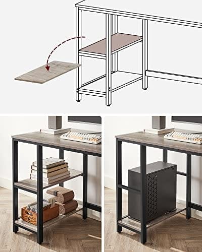 Vasagle Computer Desk, Writing Desk med 2 hylder på venstre eller højre, arbejdsbord til kontorstue, stålramme, industriel, greige og sort LWD47MB