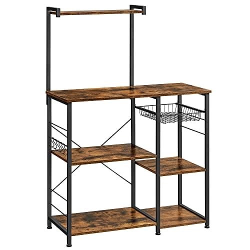 VASAGLE Baker’s Rack med hyllor, mikrovågsställ med trådkorg, rustikt brun