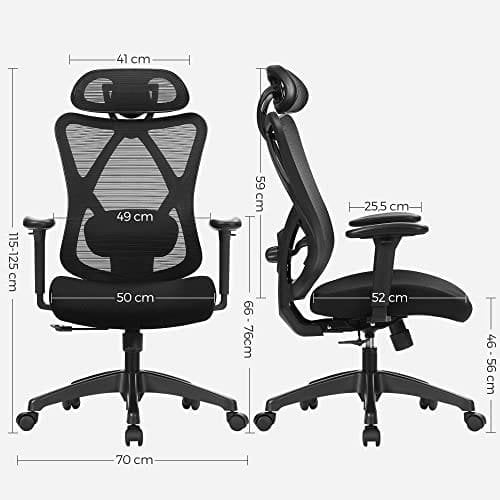 SONGMICS kontorsstol, ergonomisk skrivbordsstol, datorstol, meshstol, svart