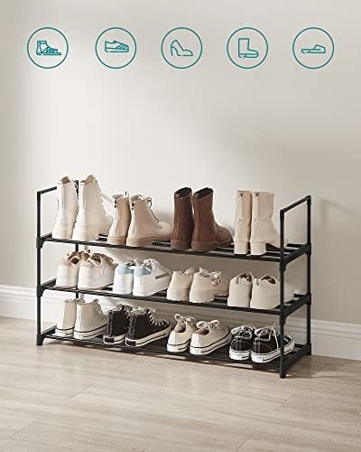 Songmics 3-hylde sko rack, opbevaringsarrangør af metal sko, let at samle, 12 til 15 par sko, stackable skohylde til skab, indgang, sorte LSA303B02