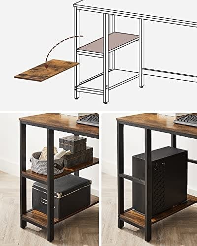 Vasagle Computer Desk, Writing Desk med 2 hylder på venstre eller højre, arbejdsbord til kontorstue, stålramme, industriel, rustik brun og sort LWD47X